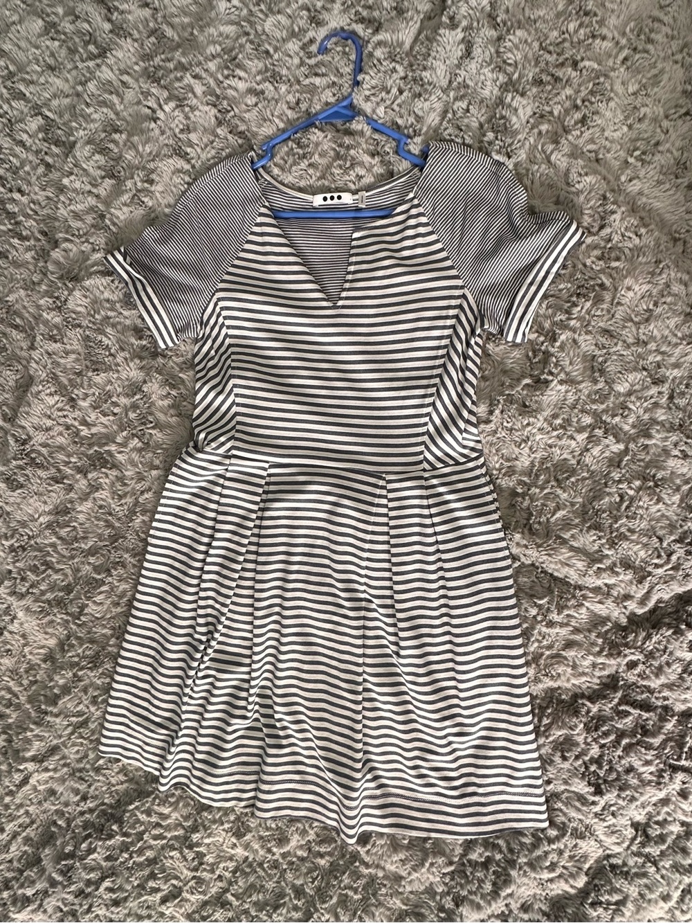 Three Dots Blue and White Striped Short Sleeve Fit-and-Flare Dress with Pockets